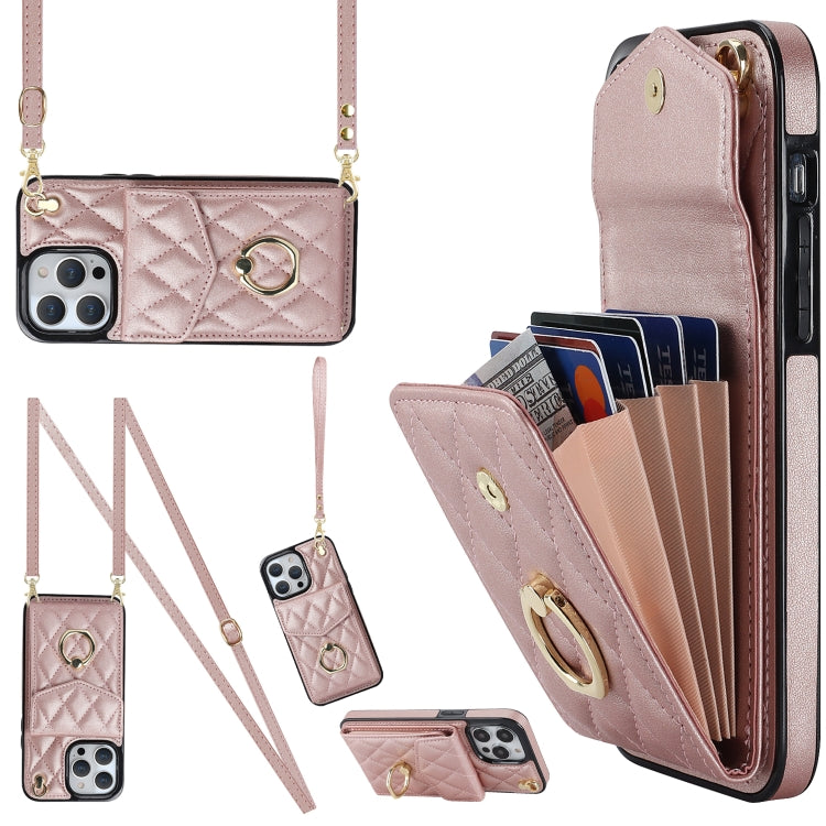 For iPhone 14 Pro Rhombic Texture Card Bag Phone Case with Long Lanyard(Rose Gold) - iPhone 14 Pro Cases by buy2fix | Online Shopping UK | buy2fix