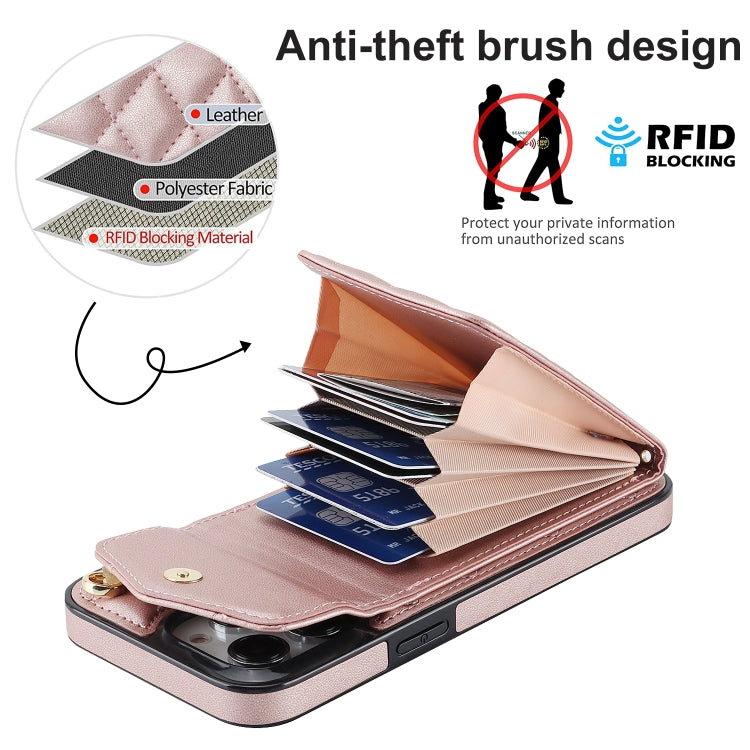For iPhone 14 Pro Rhombic Texture Card Bag Phone Case with Long Lanyard(Rose Gold) - iPhone 14 Pro Cases by buy2fix | Online Shopping UK | buy2fix