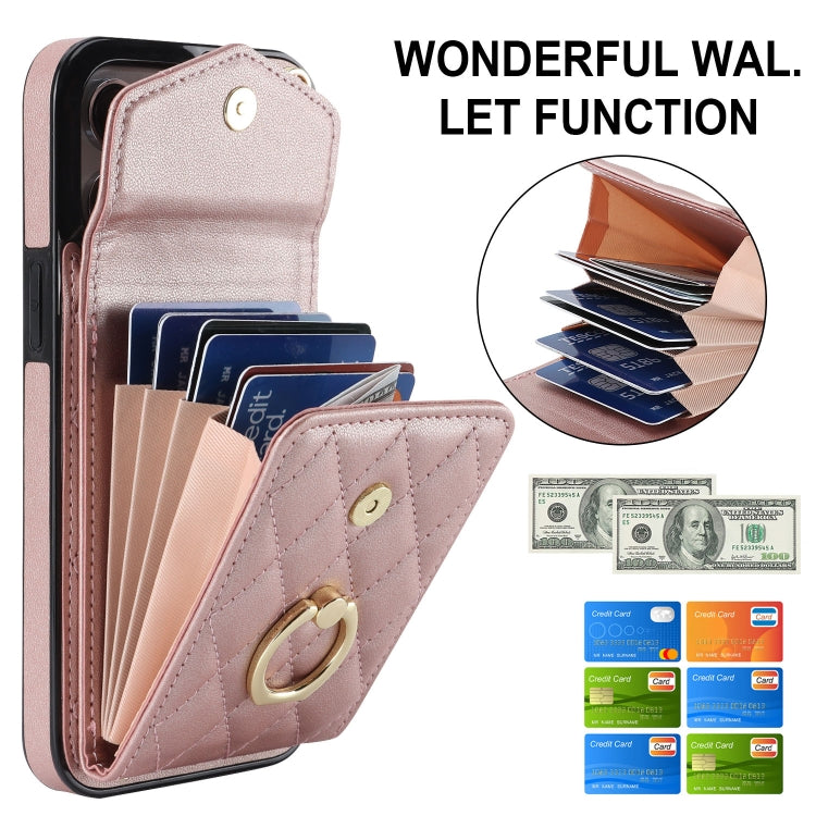For iPhone 14 Pro Rhombic Texture Card Bag Phone Case with Long Lanyard(Rose Gold) - iPhone 14 Pro Cases by buy2fix | Online Shopping UK | buy2fix