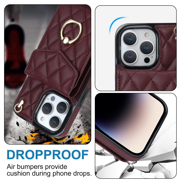 For iPhone 14 Pro Rhombic Texture Card Bag Phone Case with Long Lanyard(Wine Red) - iPhone 14 Pro Cases by buy2fix | Online Shopping UK | buy2fix
