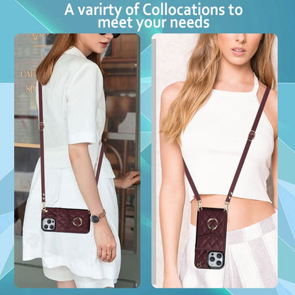 For iPhone 14 Pro Rhombic Texture Card Bag Phone Case with Long Lanyard(Wine Red) - iPhone 14 Pro Cases by buy2fix | Online Shopping UK | buy2fix