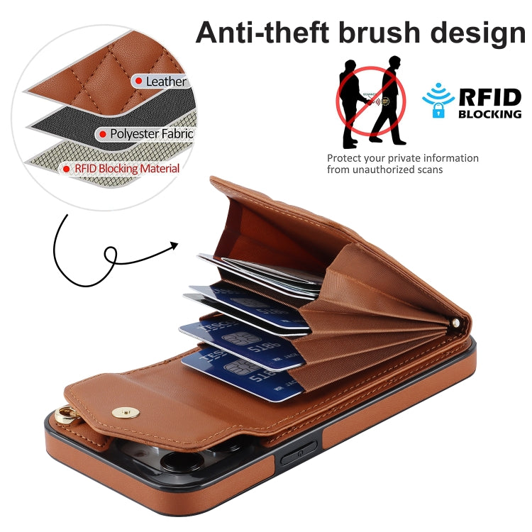 For iPhone 14 Pro Rhombic Texture Card Bag Phone Case with Long Lanyard(Brown) - iPhone 14 Pro Cases by buy2fix | Online Shopping UK | buy2fix
