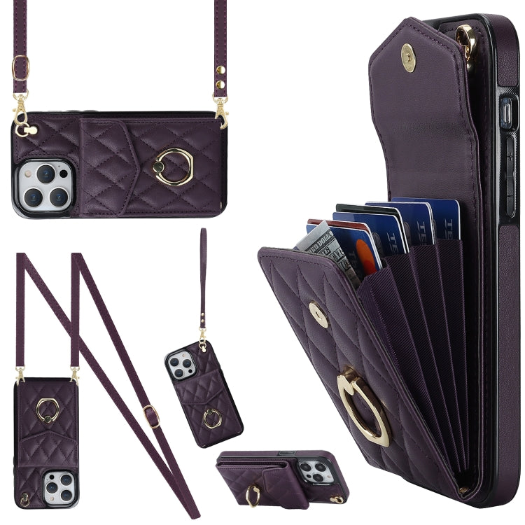 For iPhone 14 Pro Rhombic Texture Card Bag Phone Case with Long Lanyard(Dark Purple) - iPhone 14 Pro Cases by buy2fix | Online Shopping UK | buy2fix
