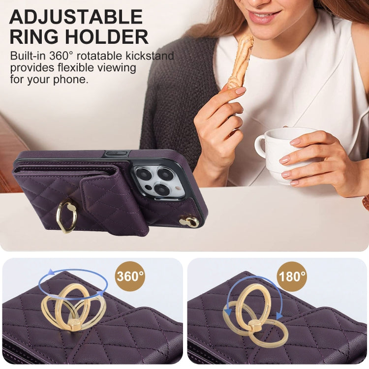 For iPhone 14 Pro Rhombic Texture Card Bag Phone Case with Long Lanyard(Dark Purple) - iPhone 14 Pro Cases by buy2fix | Online Shopping UK | buy2fix