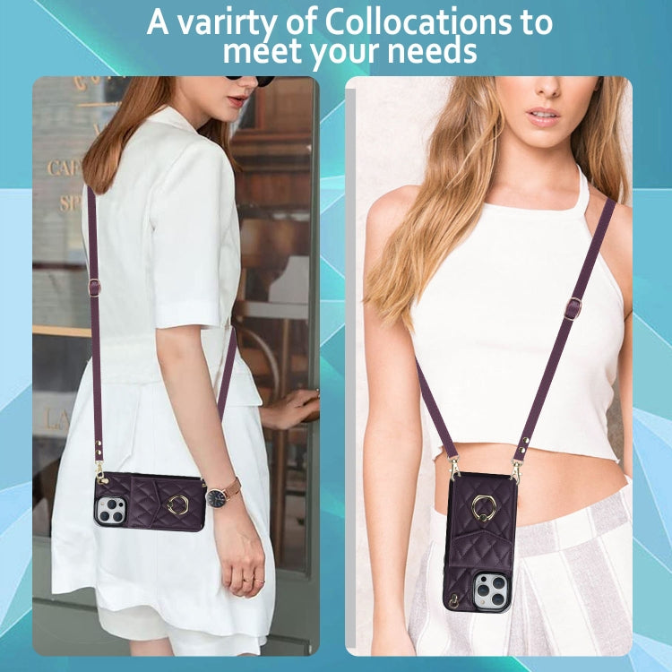 For iPhone 14 Pro Rhombic Texture Card Bag Phone Case with Long Lanyard(Dark Purple) - iPhone 14 Pro Cases by buy2fix | Online Shopping UK | buy2fix