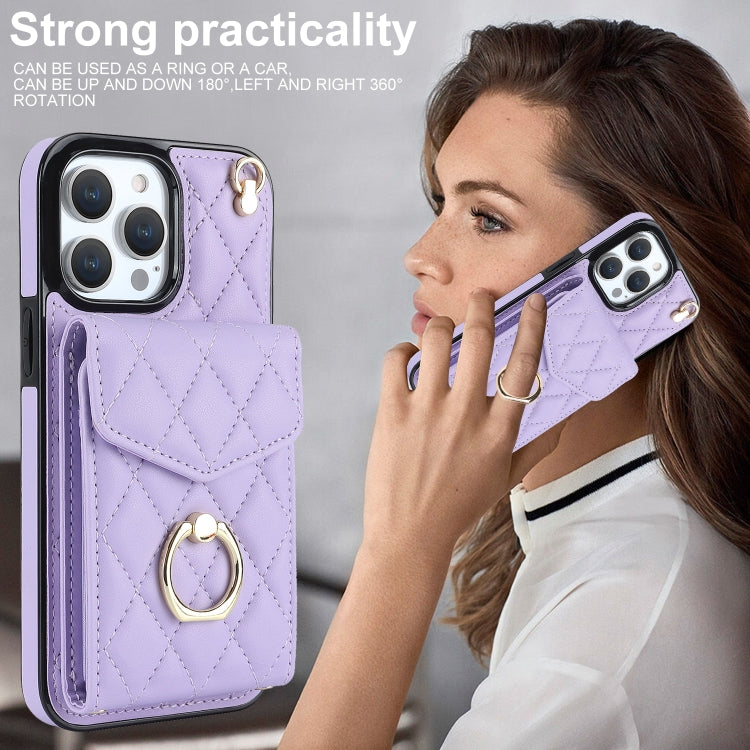 For iPhone 14 Pro Rhombic Texture Card Bag Phone Case with Long Lanyard(Light Purple) - iPhone 14 Pro Cases by buy2fix | Online Shopping UK | buy2fix