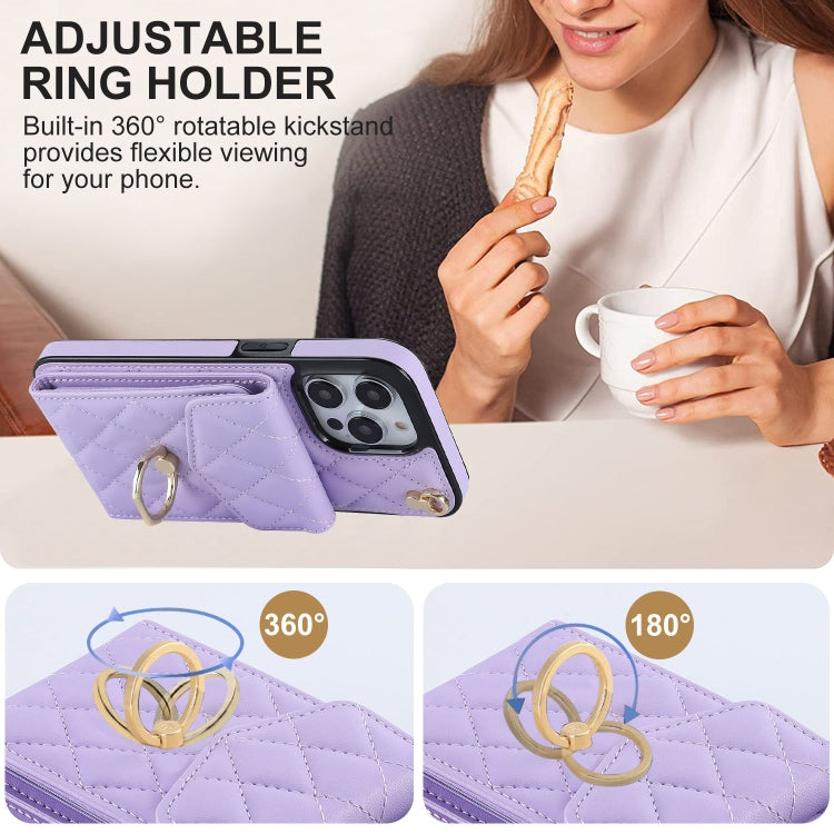 For iPhone 14 Pro Rhombic Texture Card Bag Phone Case with Long Lanyard(Light Purple) - iPhone 14 Pro Cases by buy2fix | Online Shopping UK | buy2fix