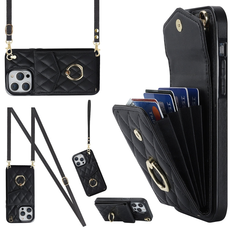 For iPhone 13 Pro Rhombic Texture Card Bag Phone Case with Long Lanyard(Black) - iPhone 13 Pro Cases by buy2fix | Online Shopping UK | buy2fix