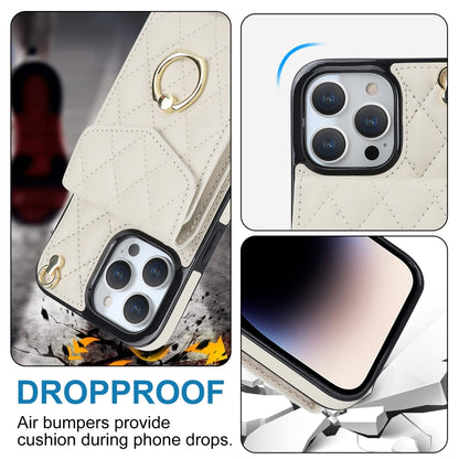 For iPhone 13 Pro Rhombic Texture Card Bag Phone Case with Long Lanyard(White) - iPhone 13 Pro Cases by buy2fix | Online Shopping UK | buy2fix