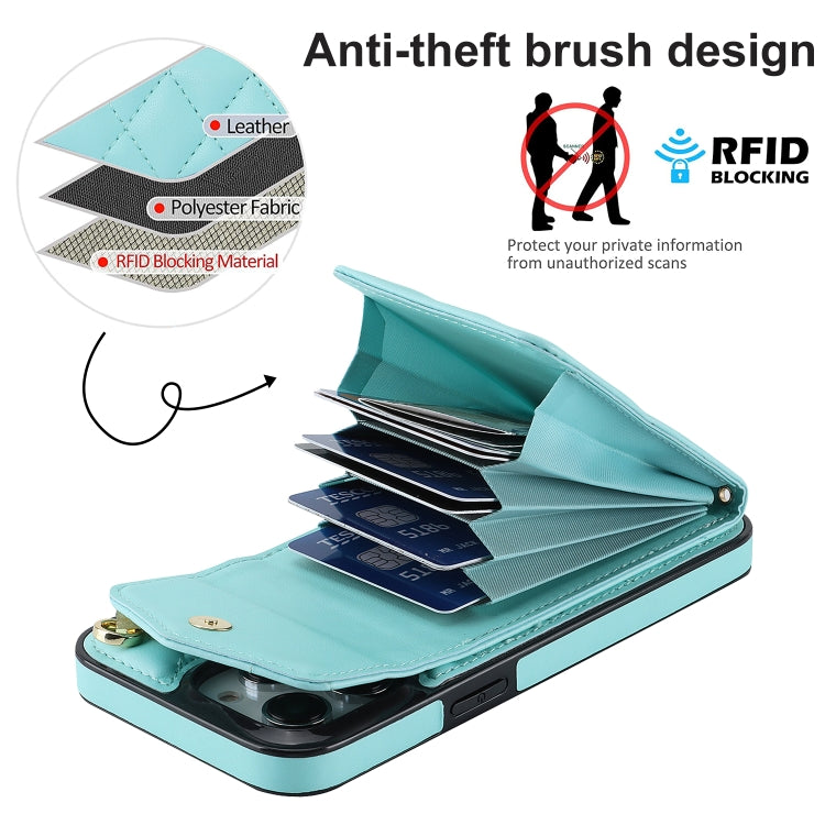 For iPhone 13 Pro Rhombic Texture Card Bag Phone Case with Long Lanyard(Mint Green) - iPhone 13 Pro Cases by buy2fix | Online Shopping UK | buy2fix