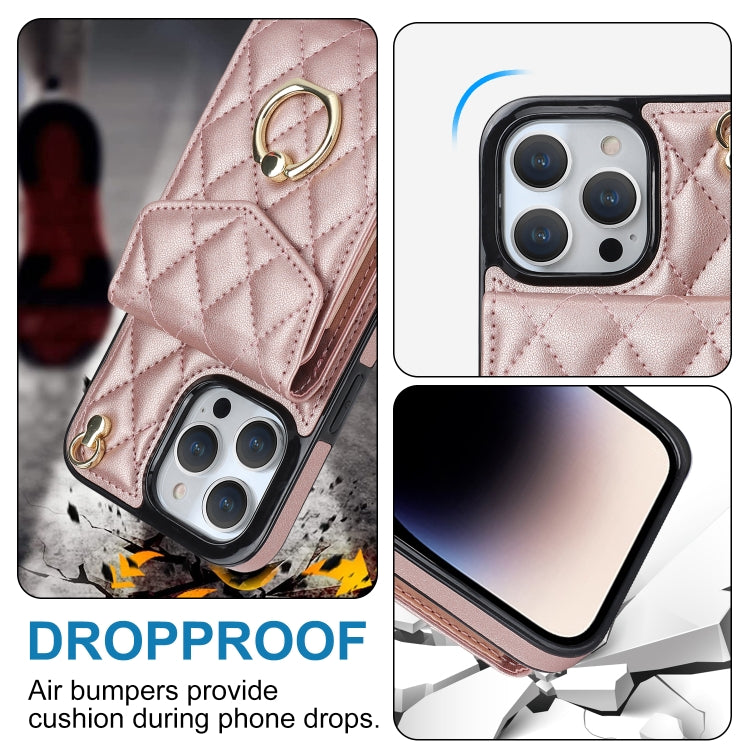 For iPhone 13 Pro Rhombic Texture Card Bag Phone Case with Long Lanyard(Rose Gold) - iPhone 13 Pro Cases by buy2fix | Online Shopping UK | buy2fix