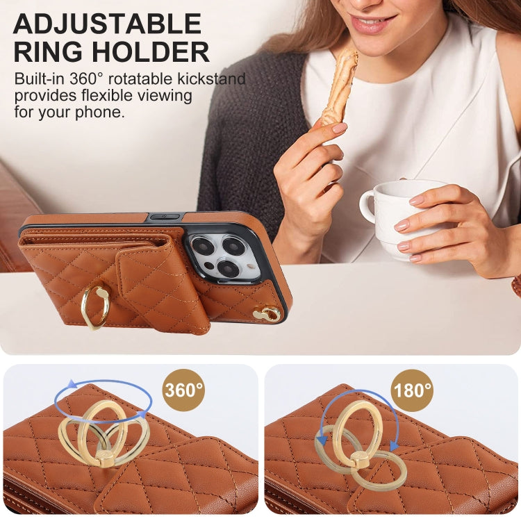 For iPhone 13 Pro Rhombic Texture Card Bag Phone Case with Long Lanyard(Brown) - iPhone 13 Pro Cases by buy2fix | Online Shopping UK | buy2fix