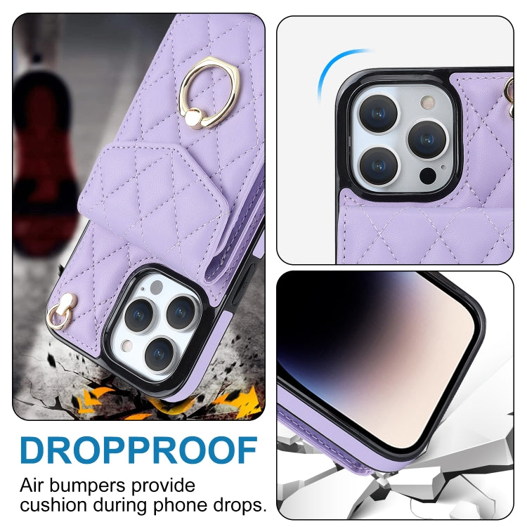 For iPhone 13 Pro Rhombic Texture Card Bag Phone Case with Long Lanyard(Light Purple) - iPhone 13 Pro Cases by buy2fix | Online Shopping UK | buy2fix