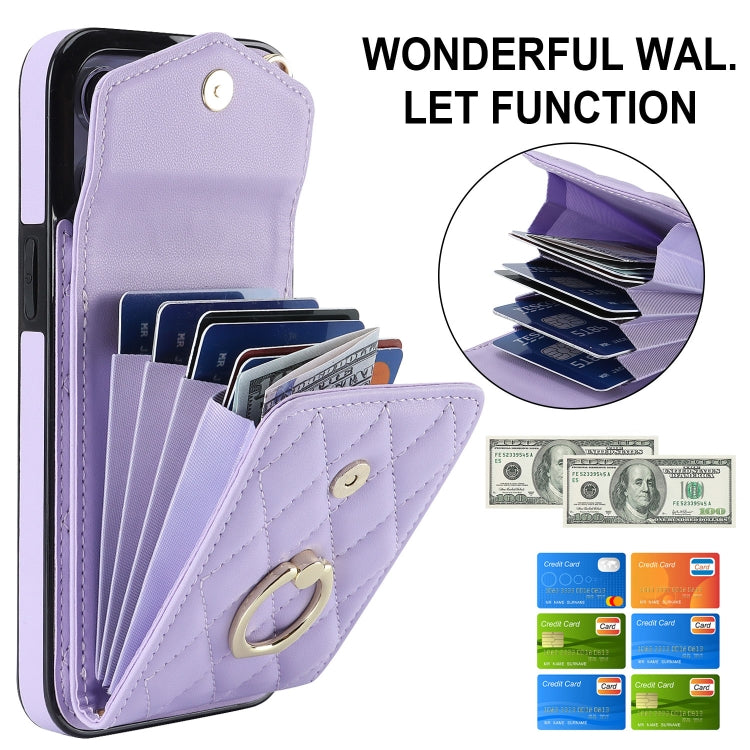 For iPhone 13 Pro Rhombic Texture Card Bag Phone Case with Long Lanyard(Light Purple) - iPhone 13 Pro Cases by buy2fix | Online Shopping UK | buy2fix
