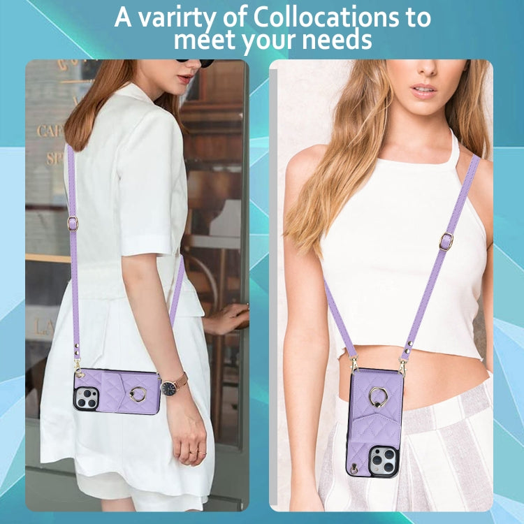 For iPhone 13 Pro Rhombic Texture Card Bag Phone Case with Long Lanyard(Light Purple) - iPhone 13 Pro Cases by buy2fix | Online Shopping UK | buy2fix
