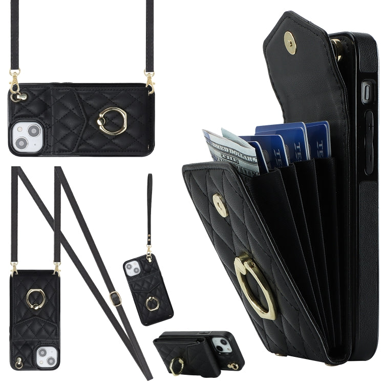 For iPhone 13 Rhombic Texture Card Bag Phone Case with Long Lanyard(Black) - iPhone 13 Cases by buy2fix | Online Shopping UK | buy2fix