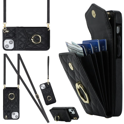 For iPhone 13 Rhombic Texture Card Bag Phone Case with Long Lanyard(Black) - iPhone 13 Cases by buy2fix | Online Shopping UK | buy2fix
