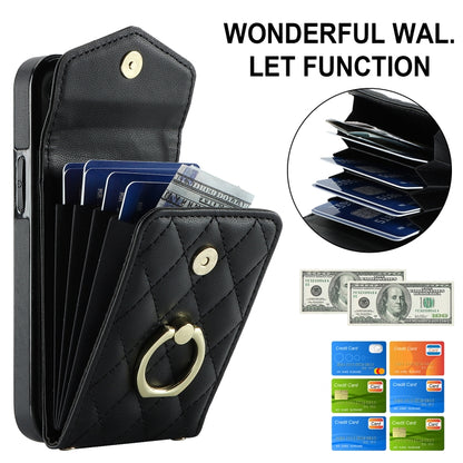 For iPhone 13 Rhombic Texture Card Bag Phone Case with Long Lanyard(Black) - iPhone 13 Cases by buy2fix | Online Shopping UK | buy2fix