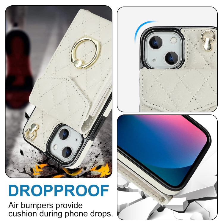 For iPhone 13 Rhombic Texture Card Bag Phone Case with Long Lanyard(White) - iPhone 13 Cases by buy2fix | Online Shopping UK | buy2fix