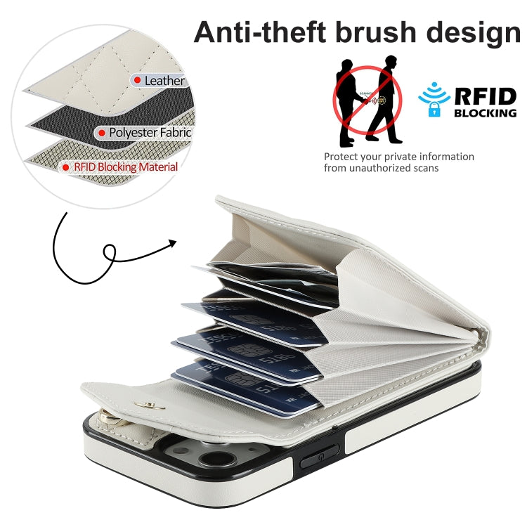 For iPhone 13 Rhombic Texture Card Bag Phone Case with Long Lanyard(White) - iPhone 13 Cases by buy2fix | Online Shopping UK | buy2fix