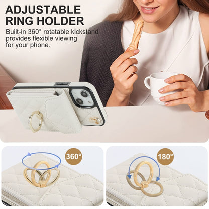 For iPhone 13 Rhombic Texture Card Bag Phone Case with Long Lanyard(White) - iPhone 13 Cases by buy2fix | Online Shopping UK | buy2fix