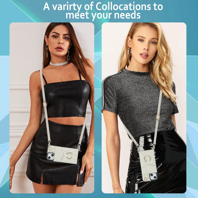 For iPhone 13 Rhombic Texture Card Bag Phone Case with Long Lanyard(White) - iPhone 13 Cases by buy2fix | Online Shopping UK | buy2fix