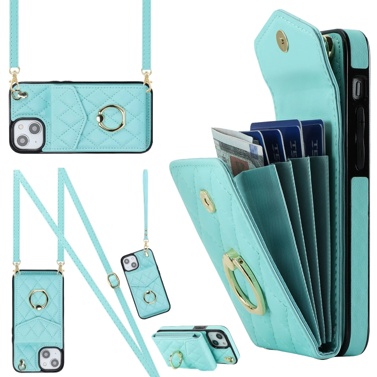 For iPhone 13 Rhombic Texture Card Bag Phone Case with Long Lanyard(Mint Green) - iPhone 13 Cases by buy2fix | Online Shopping UK | buy2fix