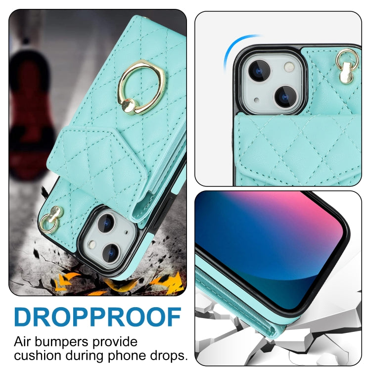 For iPhone 13 Rhombic Texture Card Bag Phone Case with Long Lanyard(Mint Green) - iPhone 13 Cases by buy2fix | Online Shopping UK | buy2fix