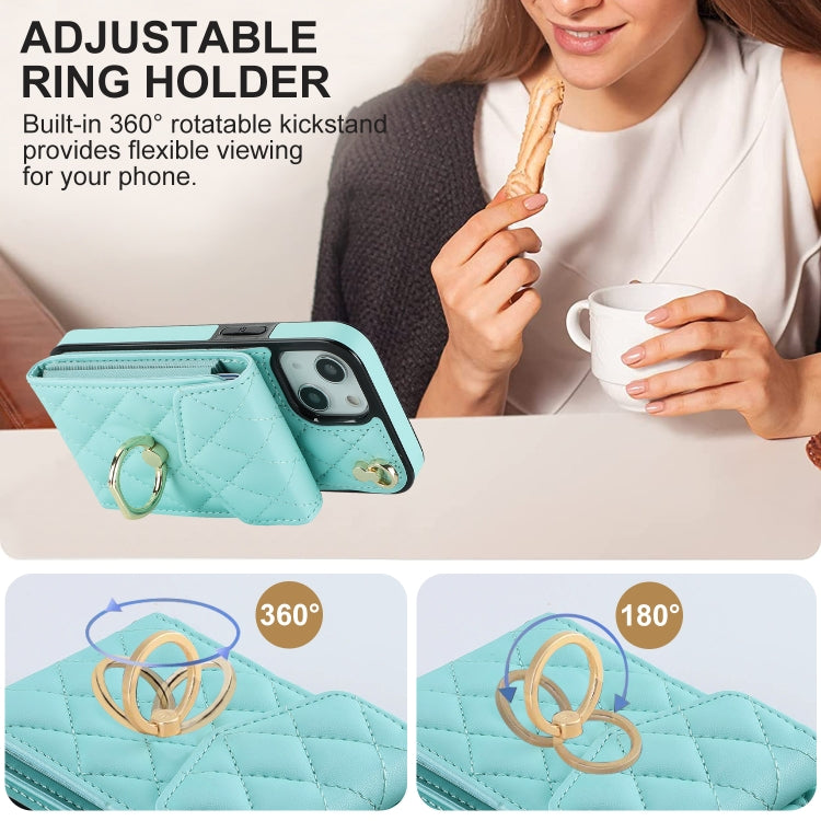For iPhone 13 Rhombic Texture Card Bag Phone Case with Long Lanyard(Mint Green) - iPhone 13 Cases by buy2fix | Online Shopping UK | buy2fix