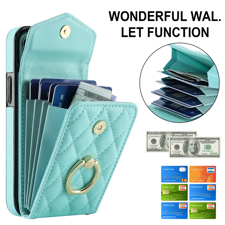 For iPhone 13 Rhombic Texture Card Bag Phone Case with Long Lanyard(Mint Green) - iPhone 13 Cases by buy2fix | Online Shopping UK | buy2fix