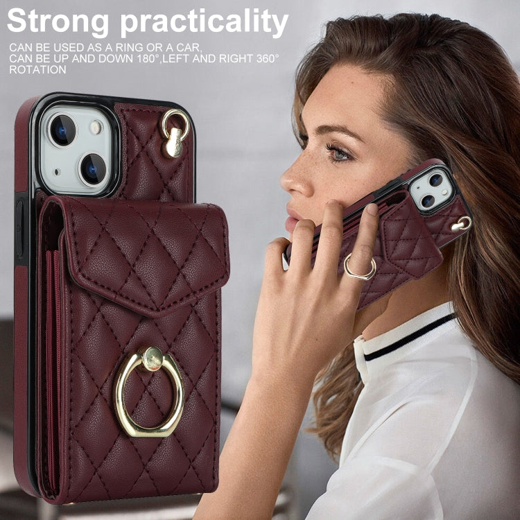 For iPhone 13 Rhombic Texture Card Bag Phone Case with Long Lanyard(Wine Red) - iPhone 13 Cases by buy2fix | Online Shopping UK | buy2fix