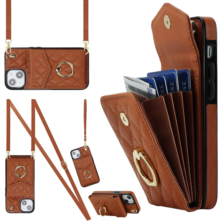 For iPhone 13 Rhombic Texture Card Bag Phone Case with Long Lanyard(Brown) - iPhone 13 Cases by buy2fix | Online Shopping UK | buy2fix