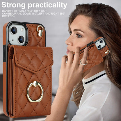 For iPhone 13 Rhombic Texture Card Bag Phone Case with Long Lanyard(Brown) - iPhone 13 Cases by buy2fix | Online Shopping UK | buy2fix