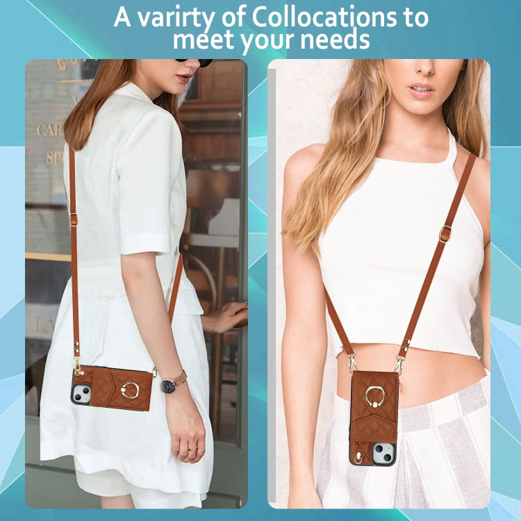 For iPhone 13 Rhombic Texture Card Bag Phone Case with Long Lanyard(Brown) - iPhone 13 Cases by buy2fix | Online Shopping UK | buy2fix