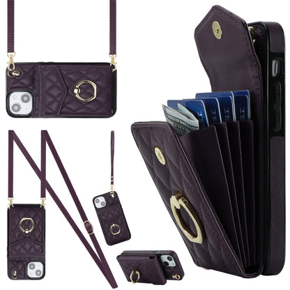 For iPhone 13 Rhombic Texture Card Bag Phone Case with Long Lanyard(Dark Purple) - iPhone 13 Cases by buy2fix | Online Shopping UK | buy2fix