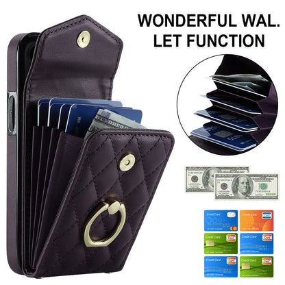 For iPhone 13 Rhombic Texture Card Bag Phone Case with Long Lanyard(Dark Purple) - iPhone 13 Cases by buy2fix | Online Shopping UK | buy2fix