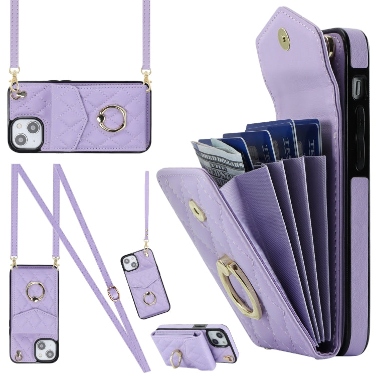 For iPhone 13 Rhombic Texture Card Bag Phone Case with Long Lanyard(Light Purple) - iPhone 13 Cases by buy2fix | Online Shopping UK | buy2fix