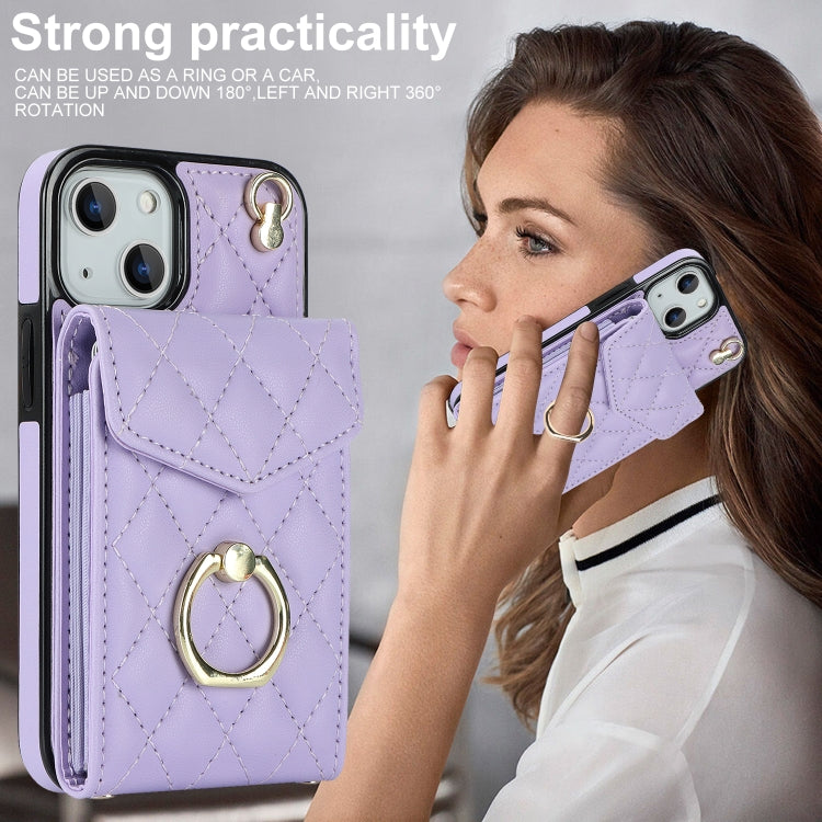 For iPhone 13 Rhombic Texture Card Bag Phone Case with Long Lanyard(Light Purple) - iPhone 13 Cases by buy2fix | Online Shopping UK | buy2fix