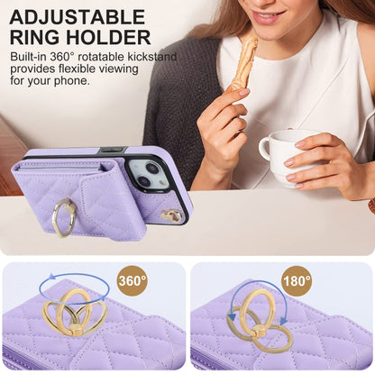 For iPhone 13 Rhombic Texture Card Bag Phone Case with Long Lanyard(Light Purple) - iPhone 13 Cases by buy2fix | Online Shopping UK | buy2fix
