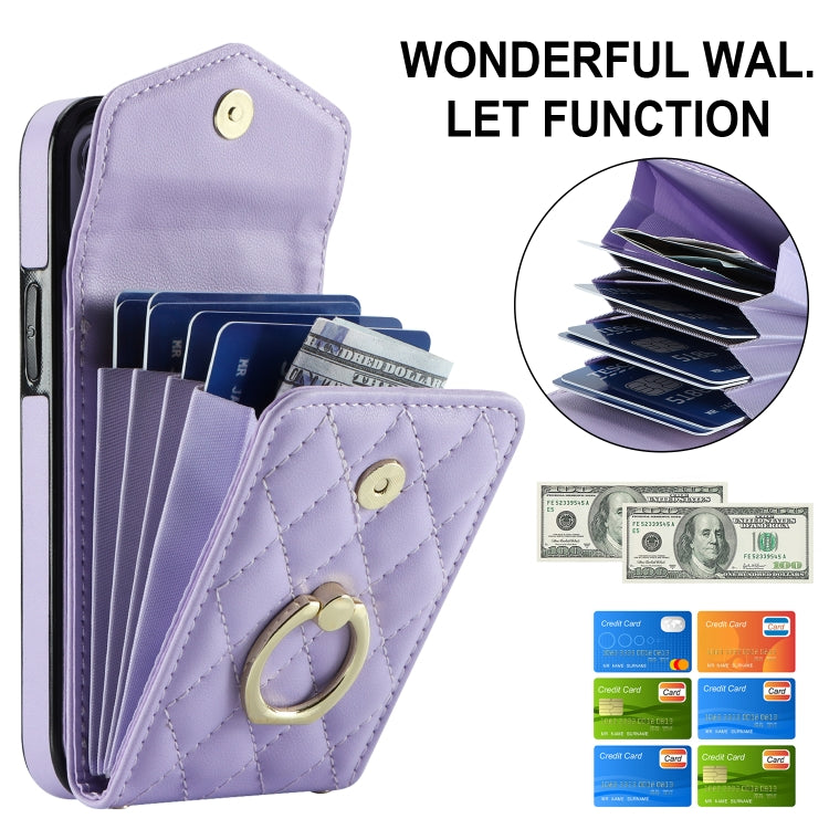 For iPhone 13 Rhombic Texture Card Bag Phone Case with Long Lanyard(Light Purple) - iPhone 13 Cases by buy2fix | Online Shopping UK | buy2fix