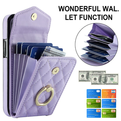 For iPhone 13 Rhombic Texture Card Bag Phone Case with Long Lanyard(Light Purple) - iPhone 13 Cases by buy2fix | Online Shopping UK | buy2fix