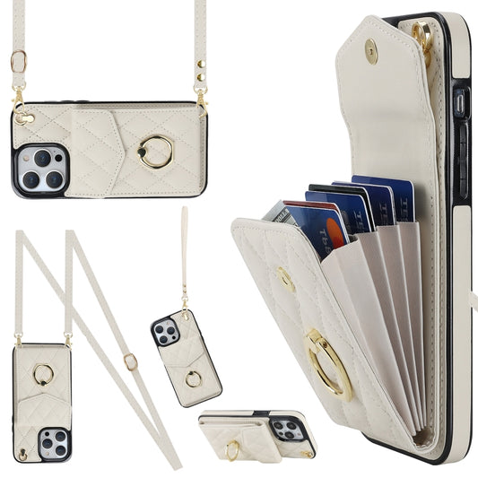 For iPhone 12 / 12 Pro Rhombic Texture Card Bag Phone Case with Long Lanyard(White) - iPhone 12 / 12 Pro Cases by buy2fix | Online Shopping UK | buy2fix