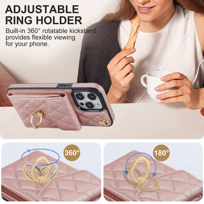 For iPhone 12 / 12 Pro Rhombic Texture Card Bag Phone Case with Long Lanyard(Rose Gold) - iPhone 12 / 12 Pro Cases by buy2fix | Online Shopping UK | buy2fix