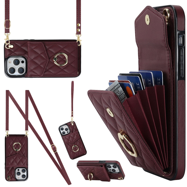 For iPhone 12 / 12 Pro Rhombic Texture Card Bag Phone Case with Long Lanyard(Wine Red) - iPhone 12 / 12 Pro Cases by buy2fix | Online Shopping UK | buy2fix