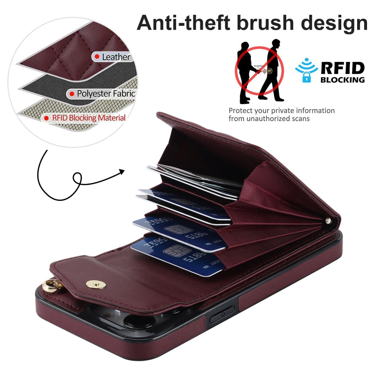 For iPhone 12 / 12 Pro Rhombic Texture Card Bag Phone Case with Long Lanyard(Wine Red) - iPhone 12 / 12 Pro Cases by buy2fix | Online Shopping UK | buy2fix