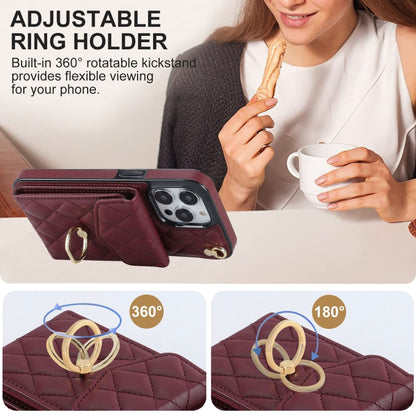 For iPhone 12 / 12 Pro Rhombic Texture Card Bag Phone Case with Long Lanyard(Wine Red) - iPhone 12 / 12 Pro Cases by buy2fix | Online Shopping UK | buy2fix