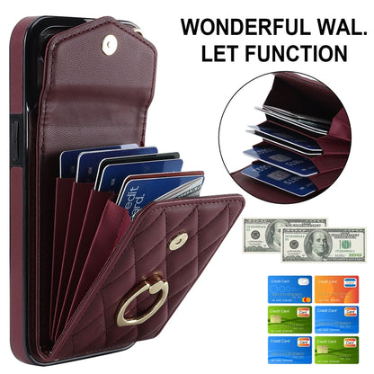 For iPhone 12 / 12 Pro Rhombic Texture Card Bag Phone Case with Long Lanyard(Wine Red) - iPhone 12 / 12 Pro Cases by buy2fix | Online Shopping UK | buy2fix