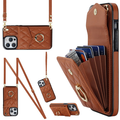 For iPhone 12 / 12 Pro Rhombic Texture Card Bag Phone Case with Long Lanyard(Brown) - iPhone 12 / 12 Pro Cases by buy2fix | Online Shopping UK | buy2fix