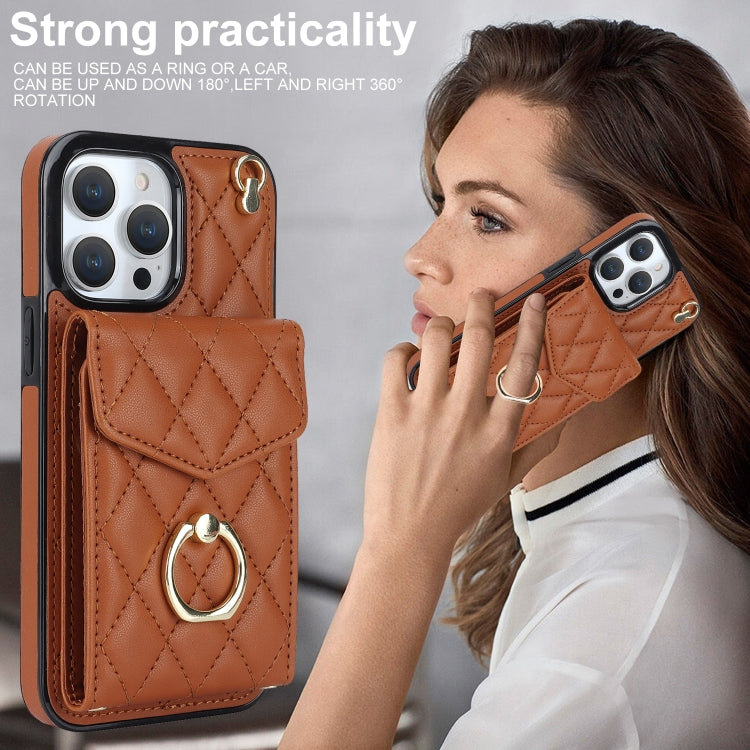 For iPhone 12 / 12 Pro Rhombic Texture Card Bag Phone Case with Long Lanyard(Brown) - iPhone 12 / 12 Pro Cases by buy2fix | Online Shopping UK | buy2fix
