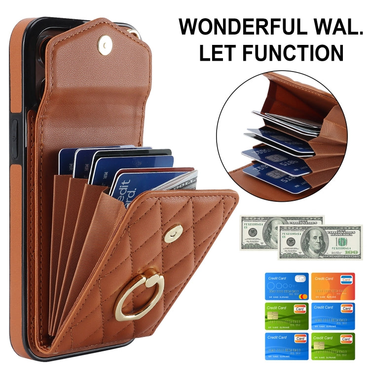 For iPhone 12 / 12 Pro Rhombic Texture Card Bag Phone Case with Long Lanyard(Brown) - iPhone 12 / 12 Pro Cases by buy2fix | Online Shopping UK | buy2fix